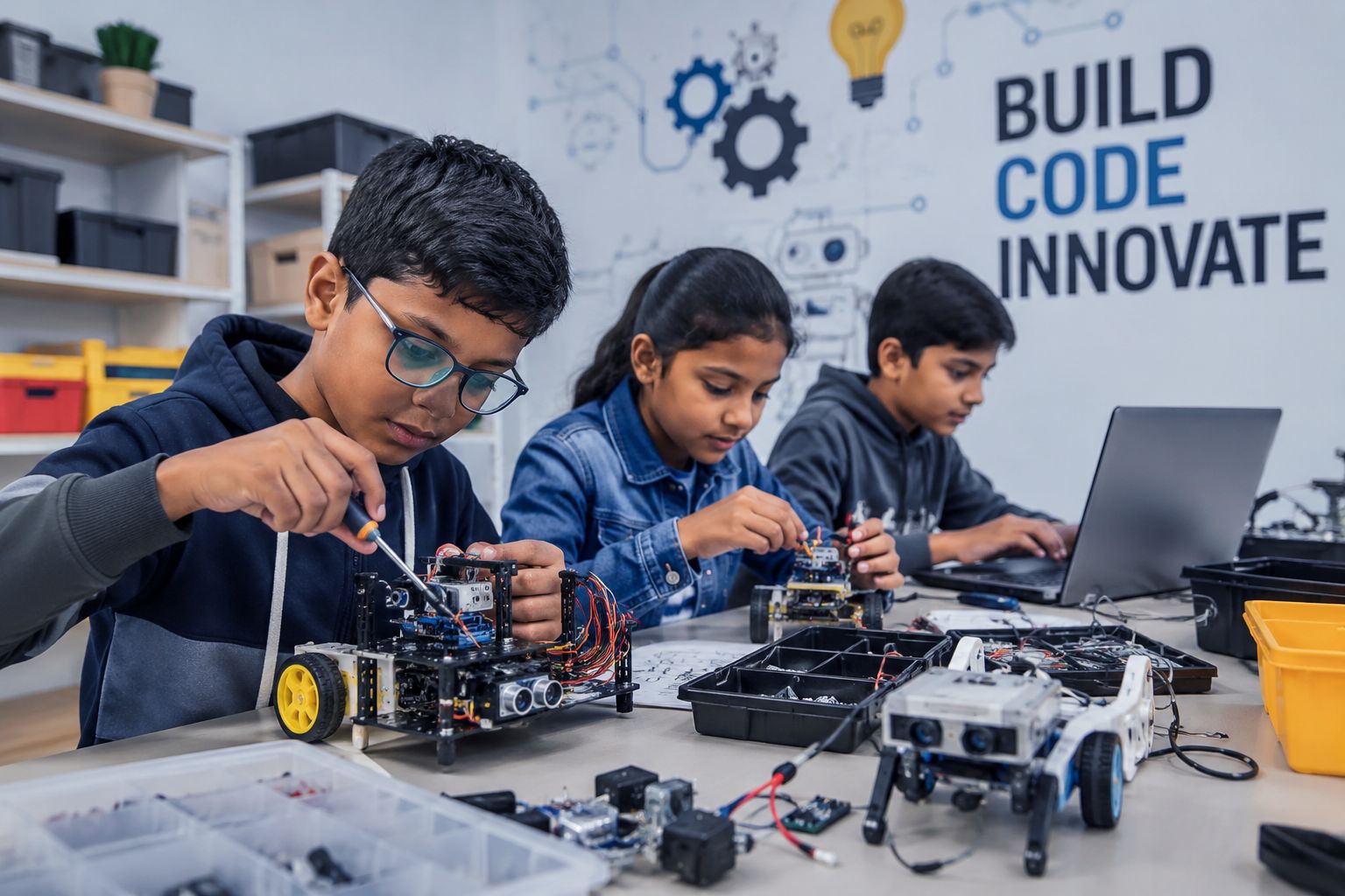 Student learning robotics with teacher guidance in a STEM classroom.