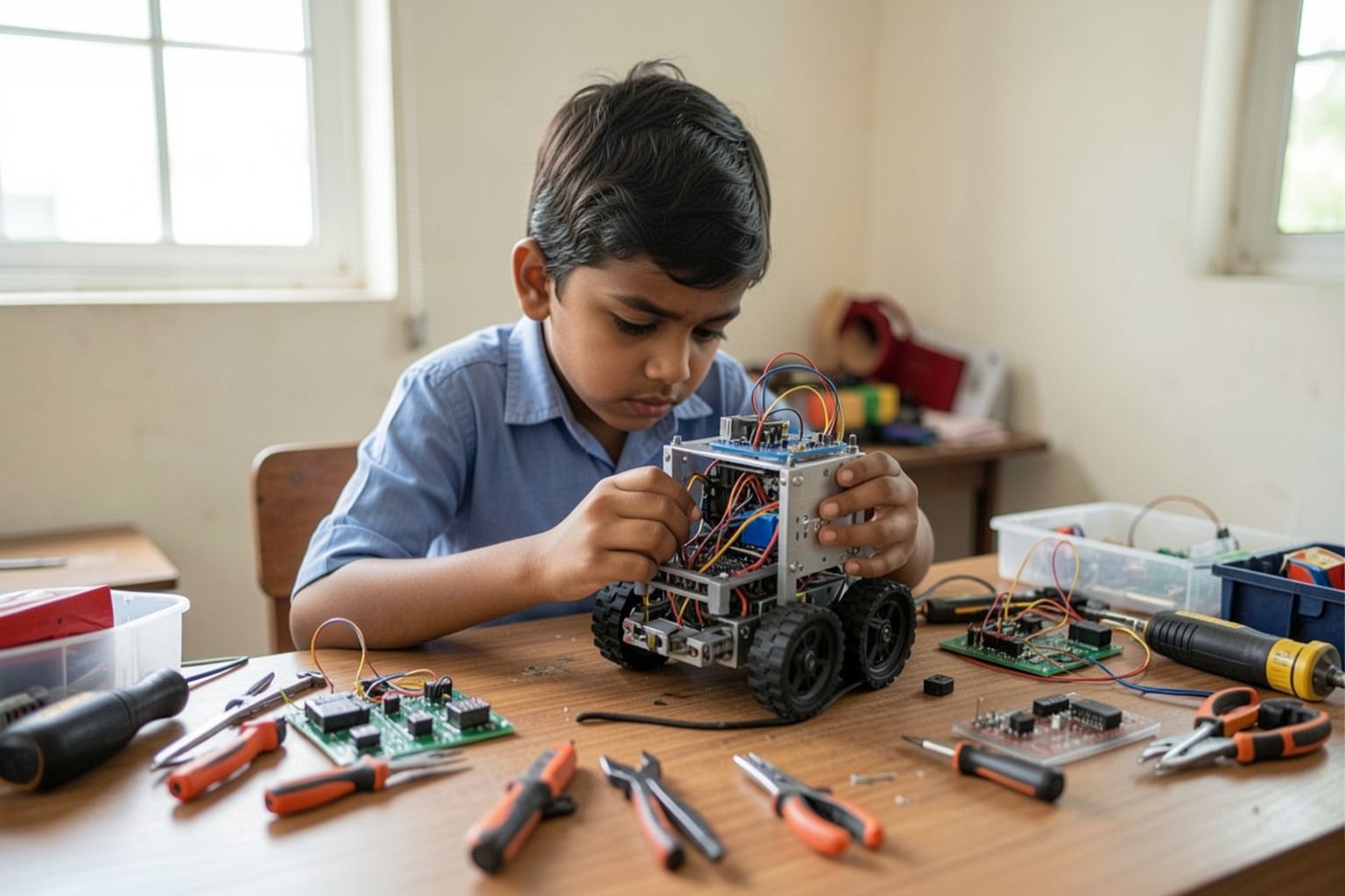 Student learning robotics with teacher guidance in a STEM classroom.